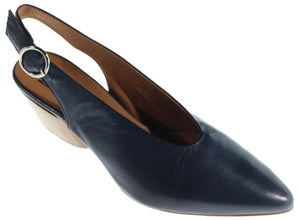 Navy leather slingback with buckle and wedge heel