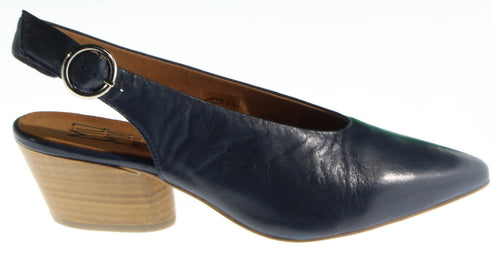 Blue leather slingback heel with a rounded buckle.