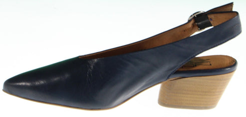 A navy-blue women's slingback heel shoe with a blocky tan heel and a buckle.