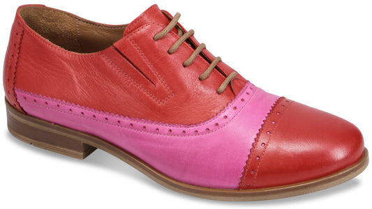 Two-toned dress shoe with pink and red upper, brogue detailing, and thin brown laces.