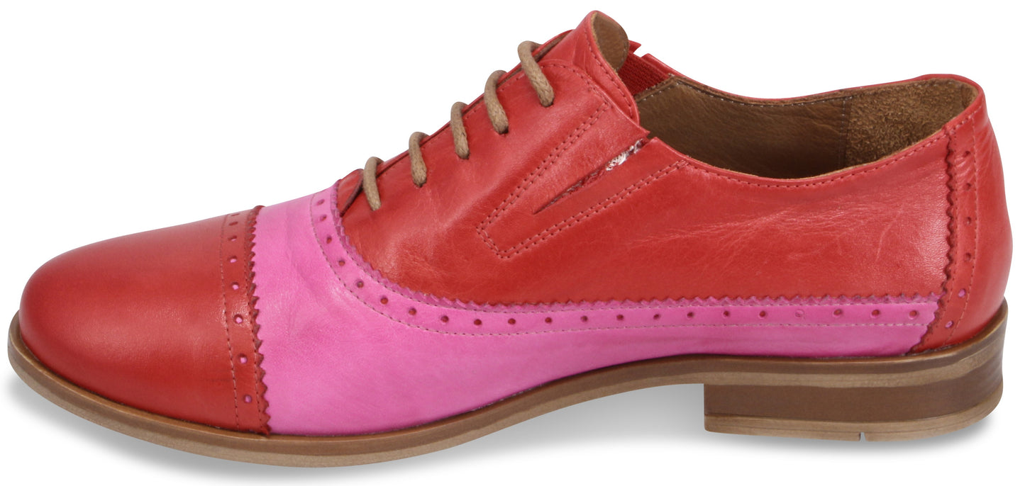 Two-toned, red and pink lace-up dress shoe with a cap toe.