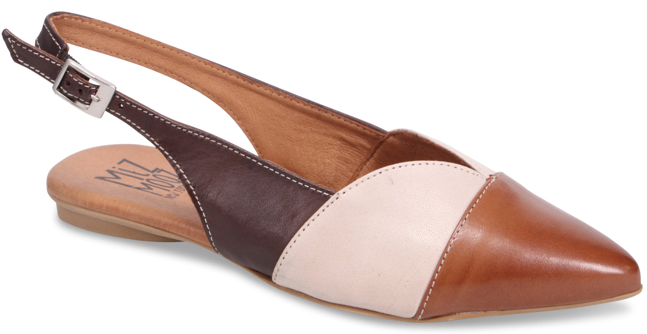 Slingback flats with pointed toe and buckle strap, color block design in brown, tan, and cream.