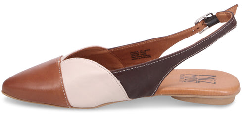 A women's slingback dress shoe in brown, tan, and beige.