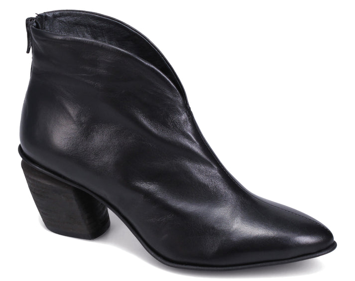 Black leather ankle boot with a chunky heel and pointed toe.