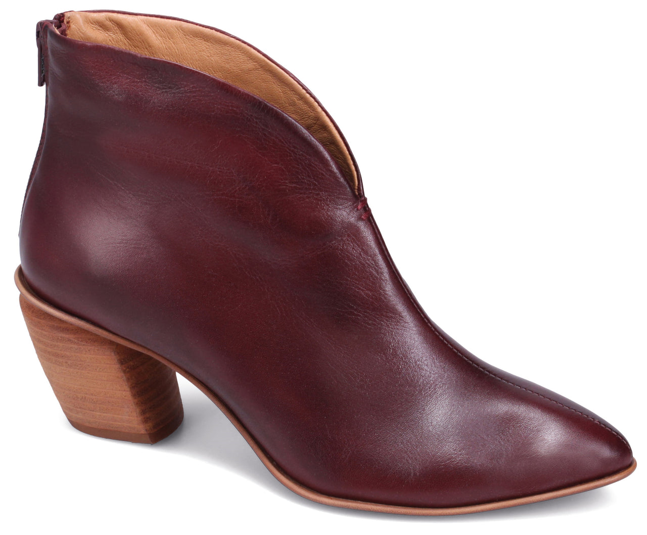 Dark red leather ankle boot with a pointed toe and a block heel.
