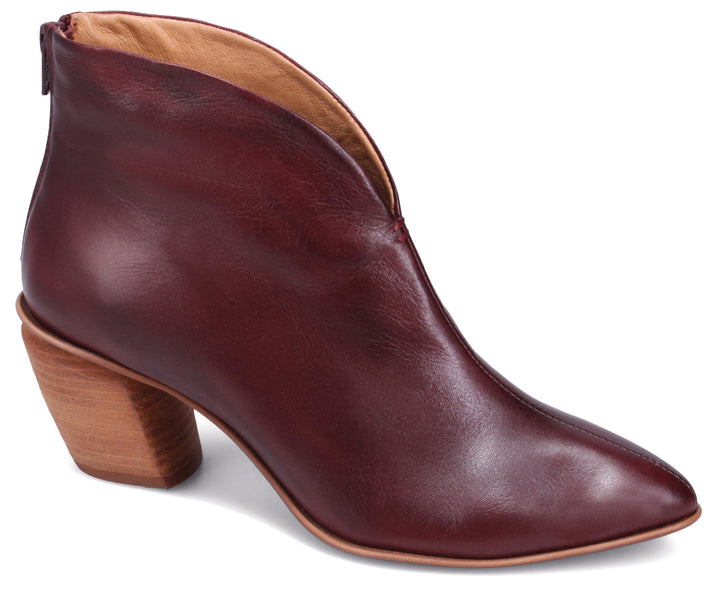 Dark red leather ankle boot with a pointed toe and a block heel.