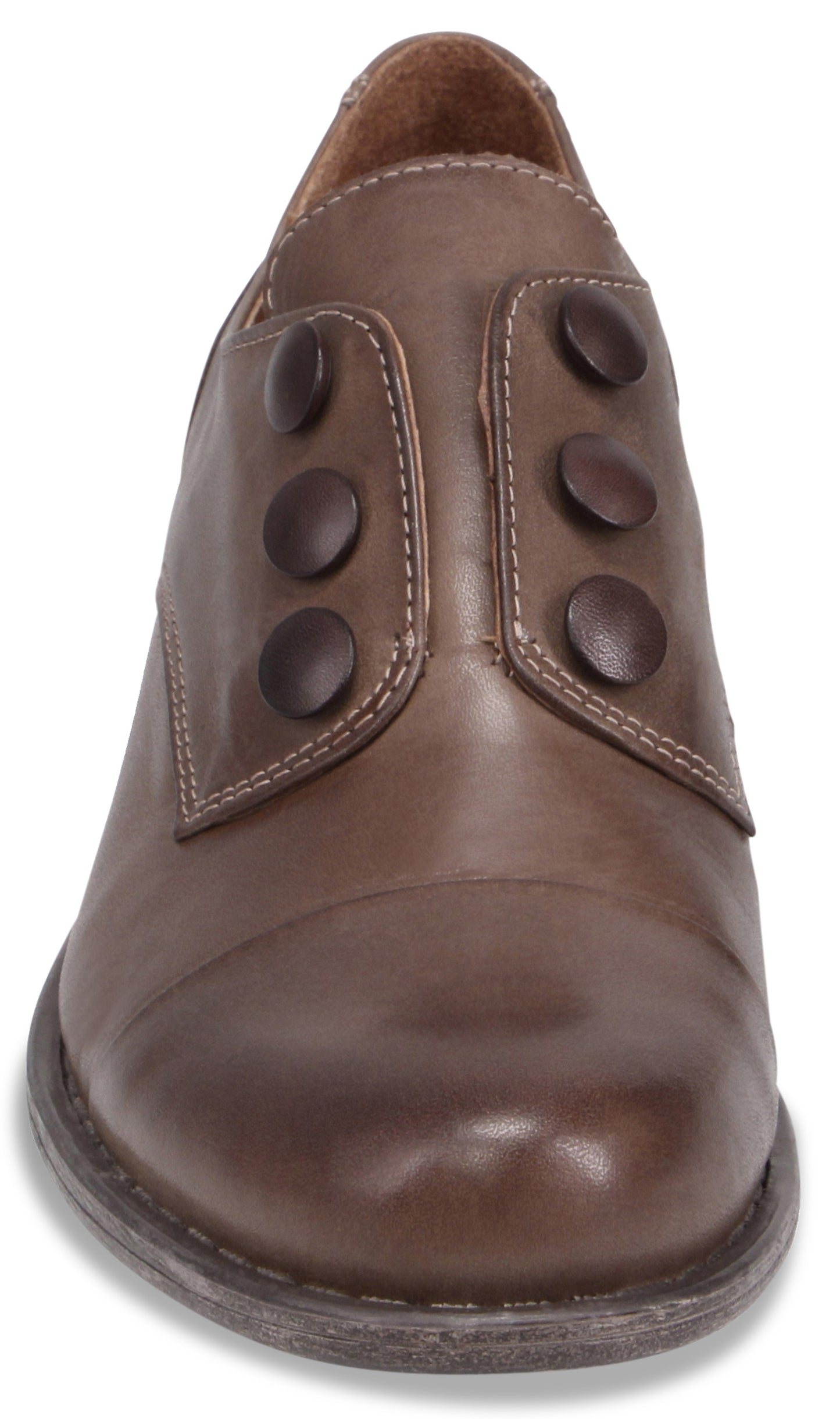 A brown leather ankle boot with a rounded toe and six decorative dark brown round buttons arranged in two vertical rows of three along the front closure.