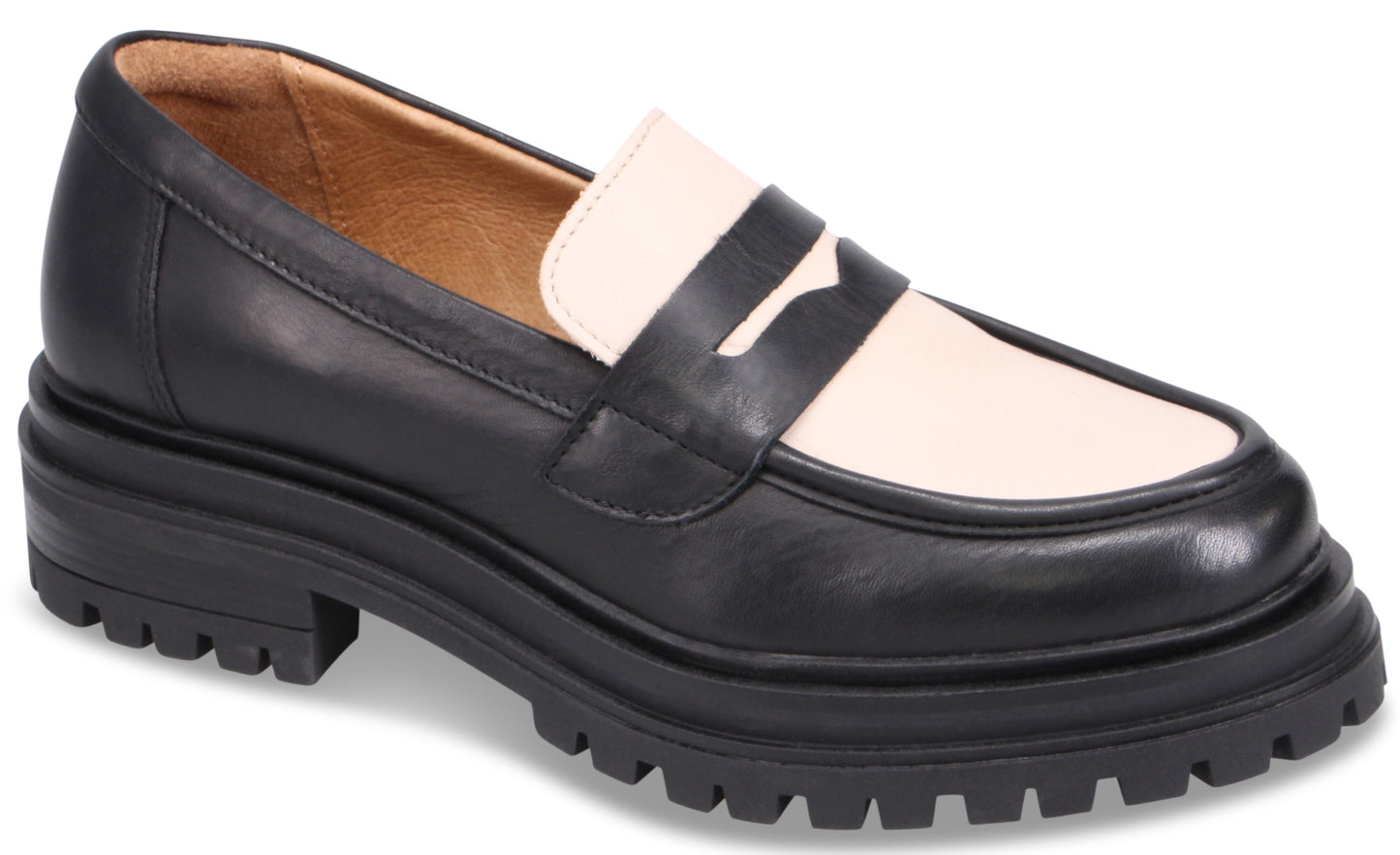 A two-toned penny loafer shoe with a black leather base, a beige vamp, a chunky lug sole, and a black strap across the midfoot.