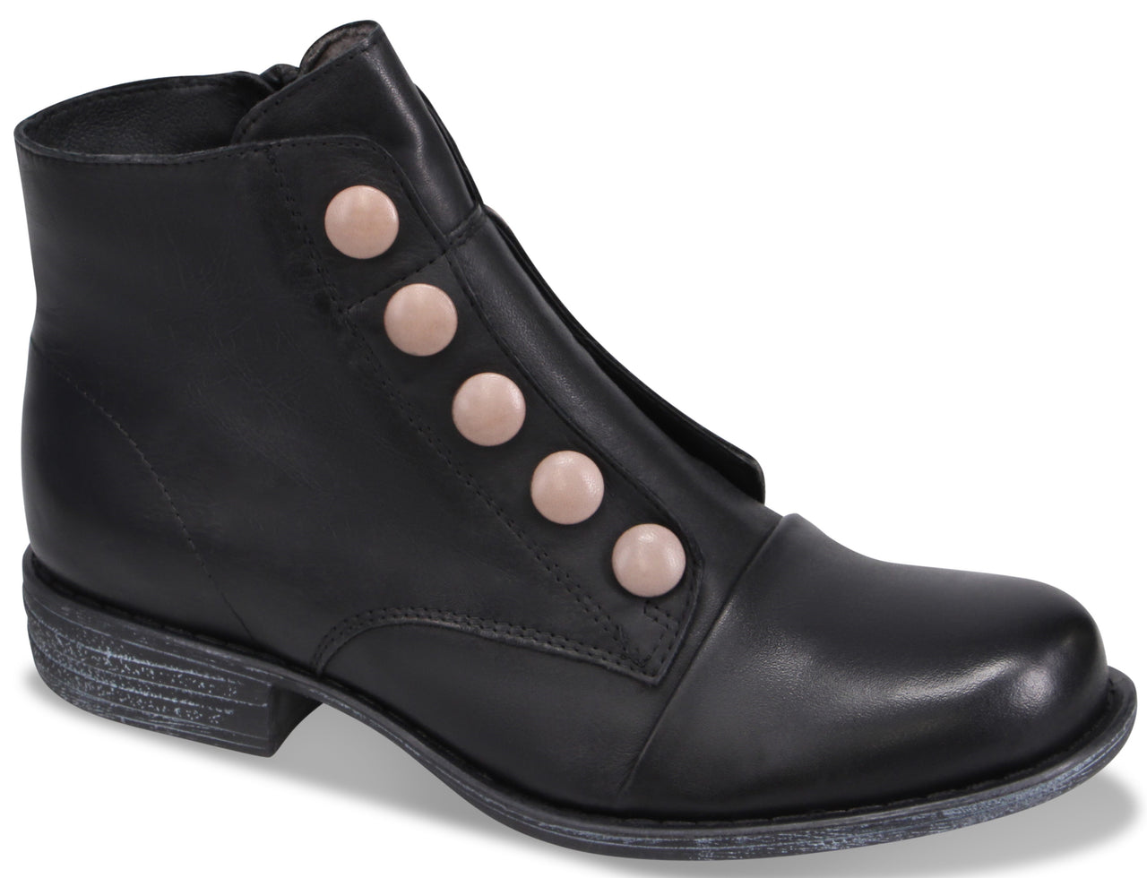 A black ankle boot with five round, light pink buttons along the front closure and a distressed-look low sole.