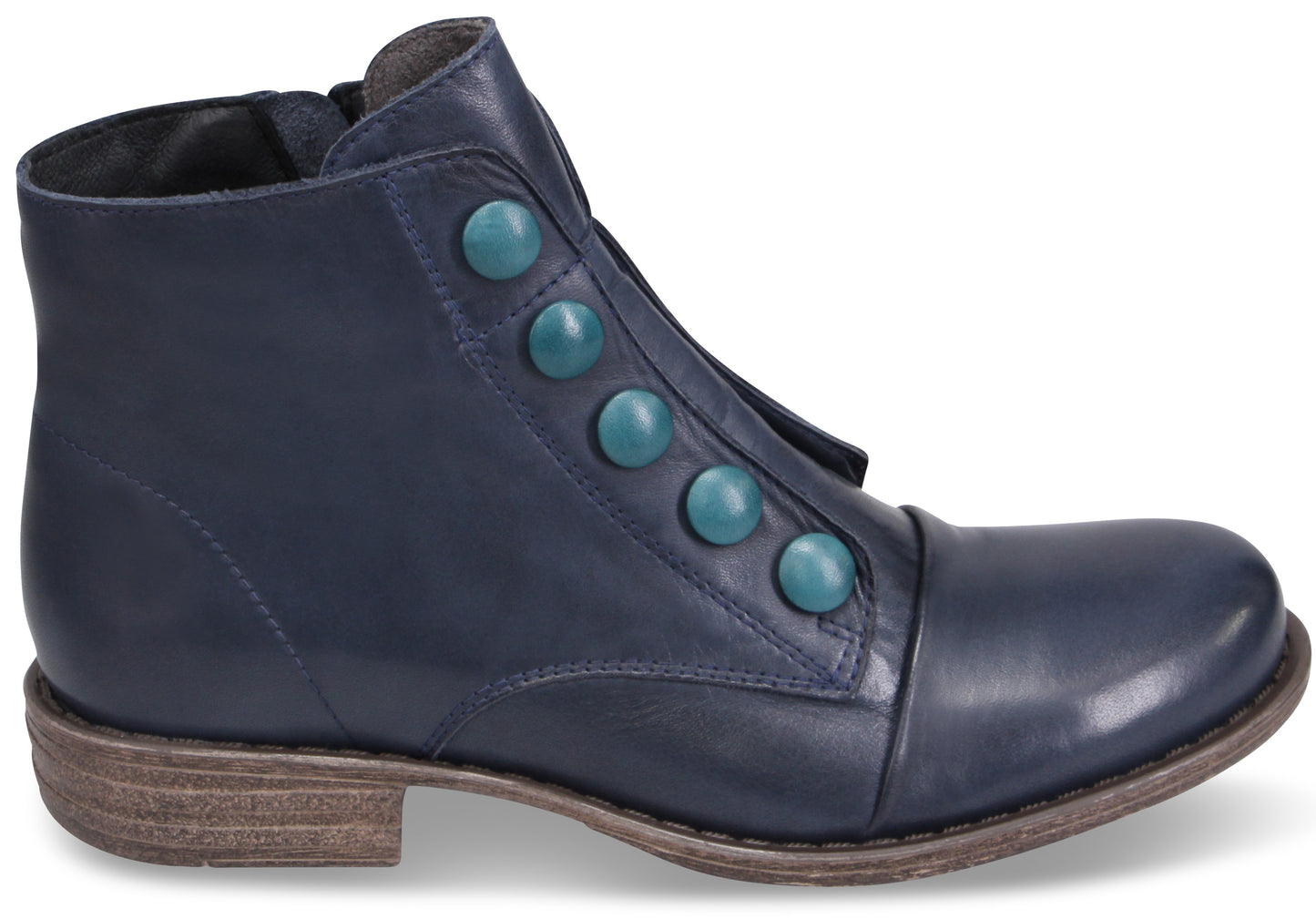 A dark blue leather ankle boot with a rounded toe, a low stacked wooden heel, and five teal-colored circular decorative buttons running diagonally down the front.