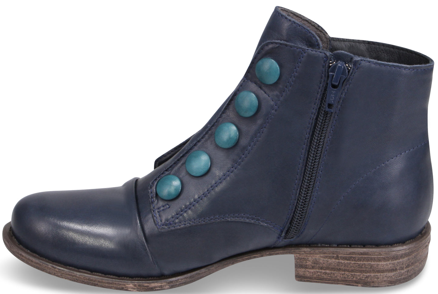 A navy blue leather ankle boot with a low, stacked heel and a side zipper, featuring a decorative row of five teal circular buttons along the upper.
