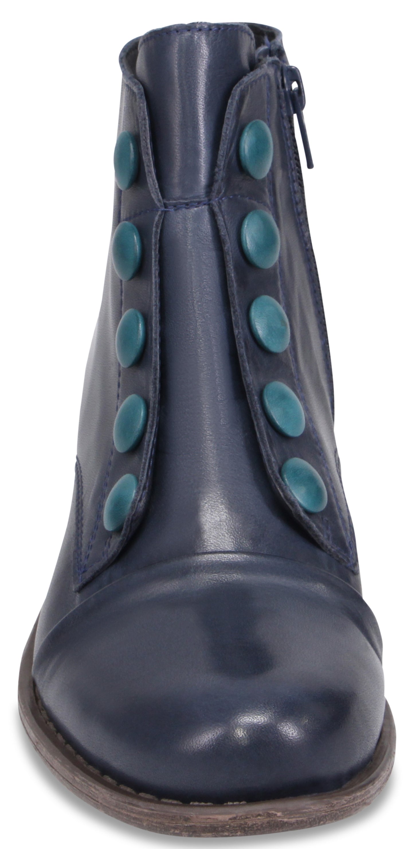 A navy blue leather ankle boot viewed from the front, featuring a row of five decorative teal buttons along each side of the front panel and a side zipper.