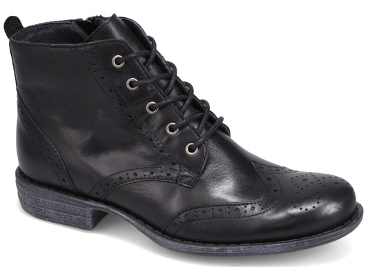 Black lace-up ankle boot with brogue detailing and a low heel.