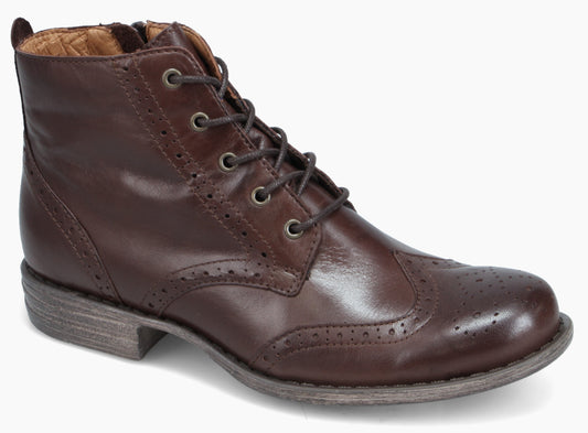 Brown leather lace-up ankle boot with brogue detailing and a low heel.