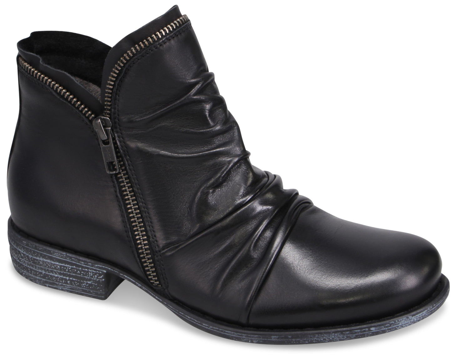 A black leather ankle boot with a rounded toe, a ruched upper, and a side zipper closure, set on a low, distressed-finish heel.