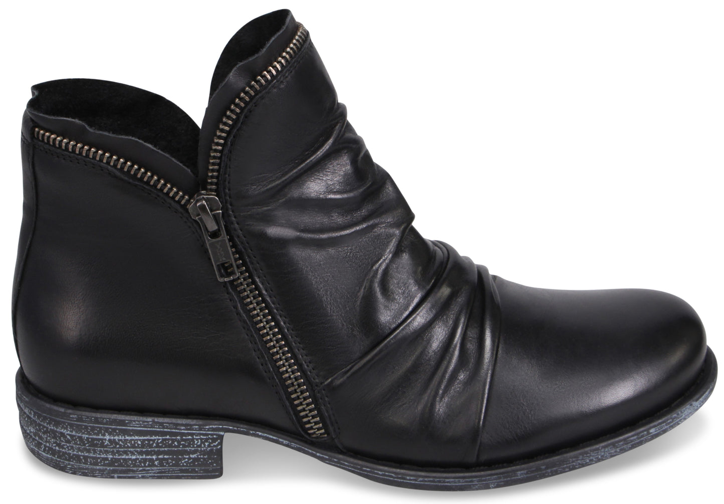 A black leather ankle boot with a side zipper and ruched detailing on the front, featuring a distressed grey textured sole.