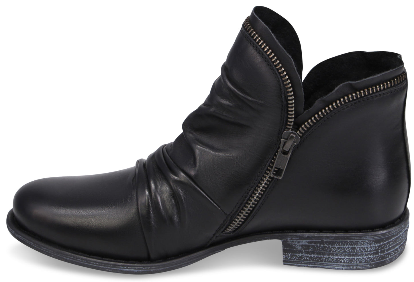 A black leather women's ankle boot with a side zipper, a slouched design on the upper, and a weathered, gray-wash low heel.