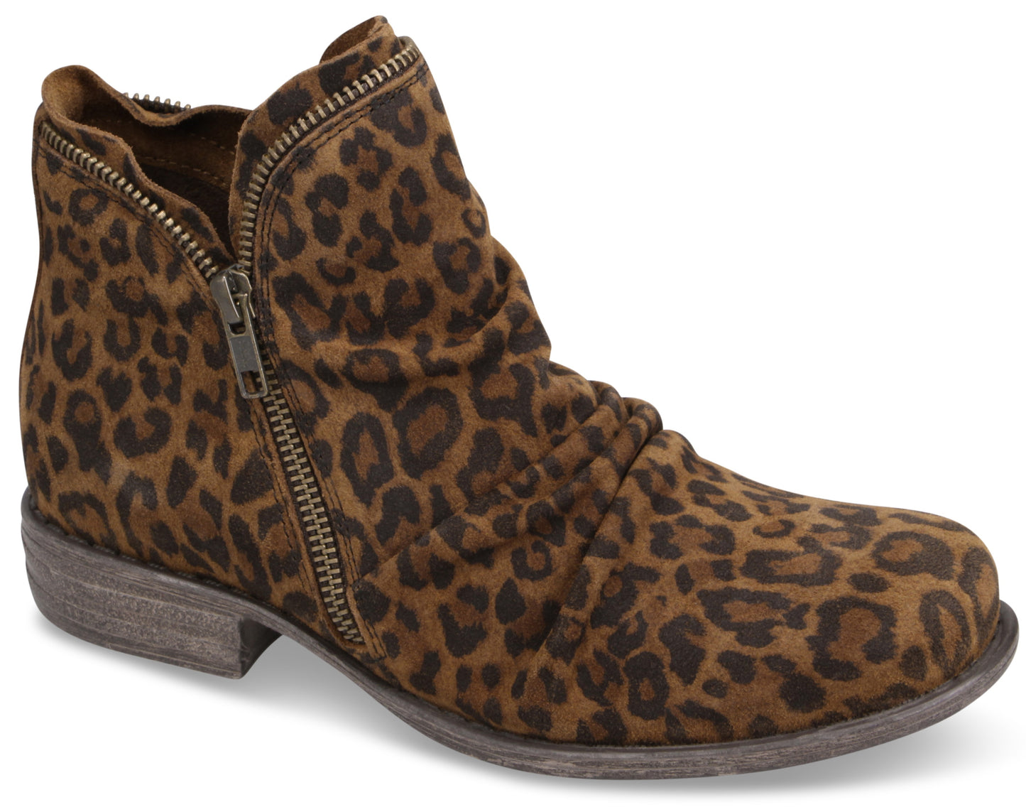 A brown and black leopard print ankle boot with side zippers and ruched details on the upper, set on a low, distressed-textured sole.