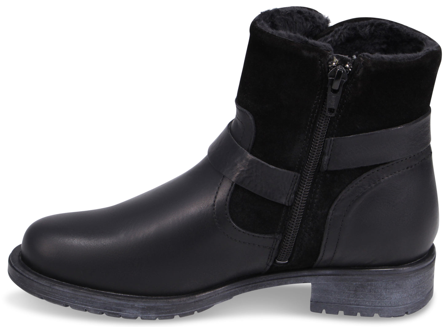 Black leather ankle boot with side zipper and strap.