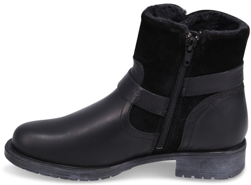 Black leather ankle boot with side zipper and strap.