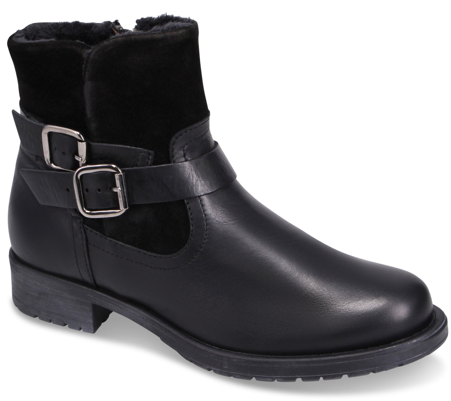 Black leather ankle boot with buckle strap.
