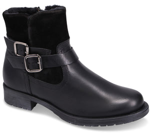 Black leather ankle boot with buckle strap.