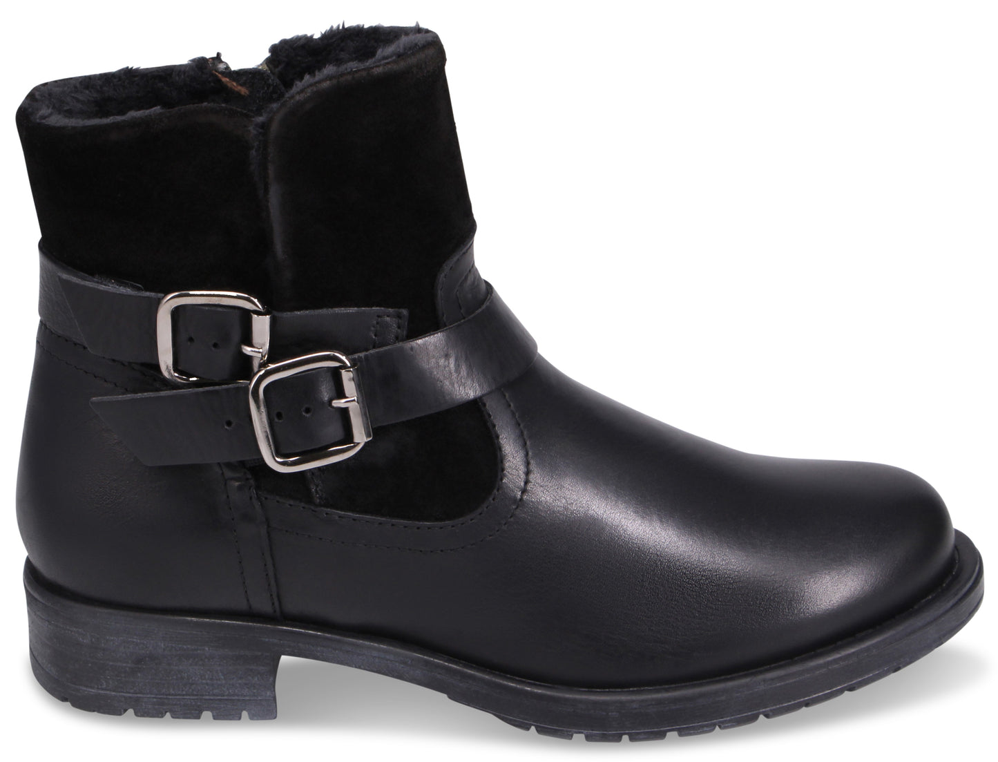 Black leather ankle boot with buckle strap and zipper.