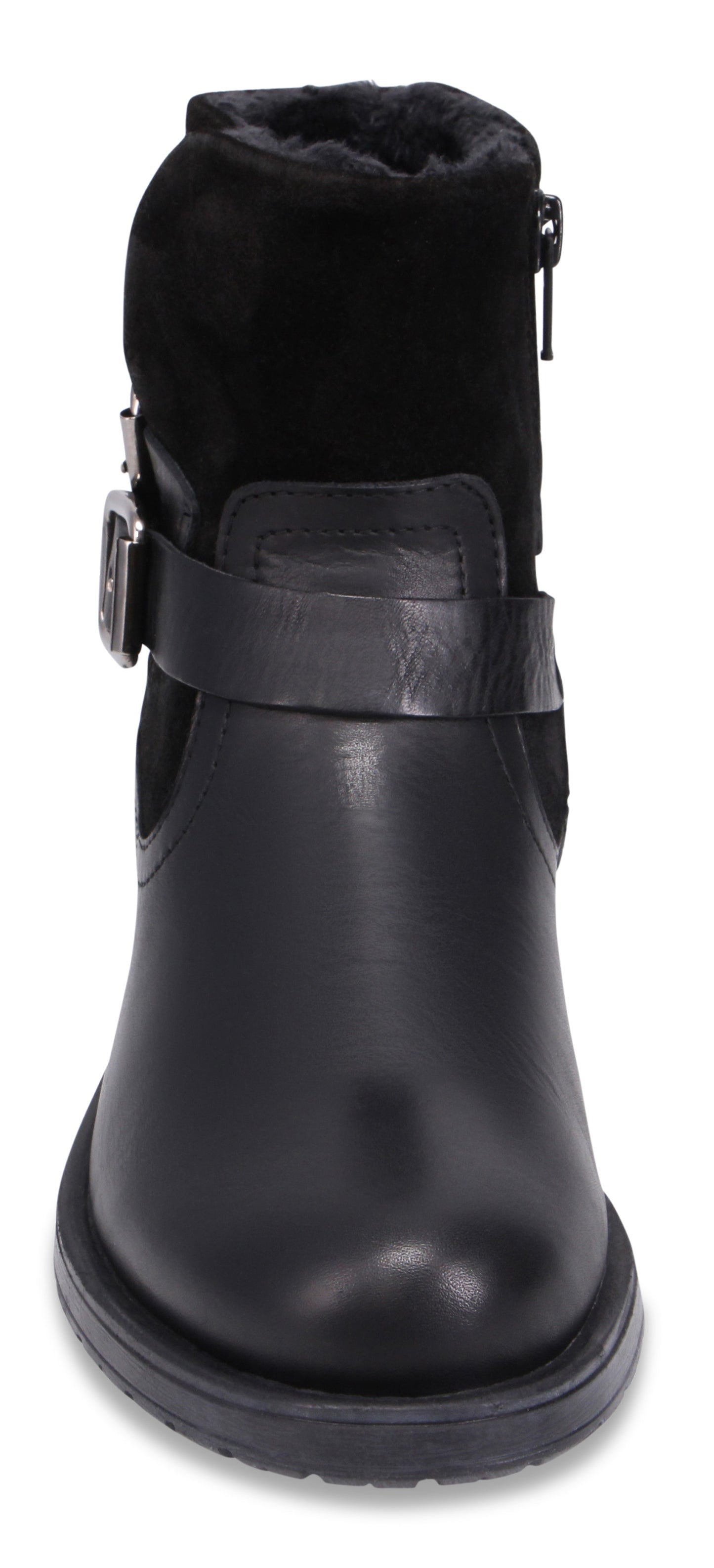 Black ankle boot with buckle strap.