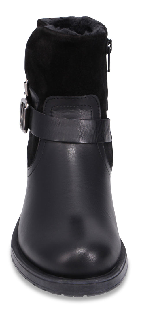 Black ankle boot with buckle strap.