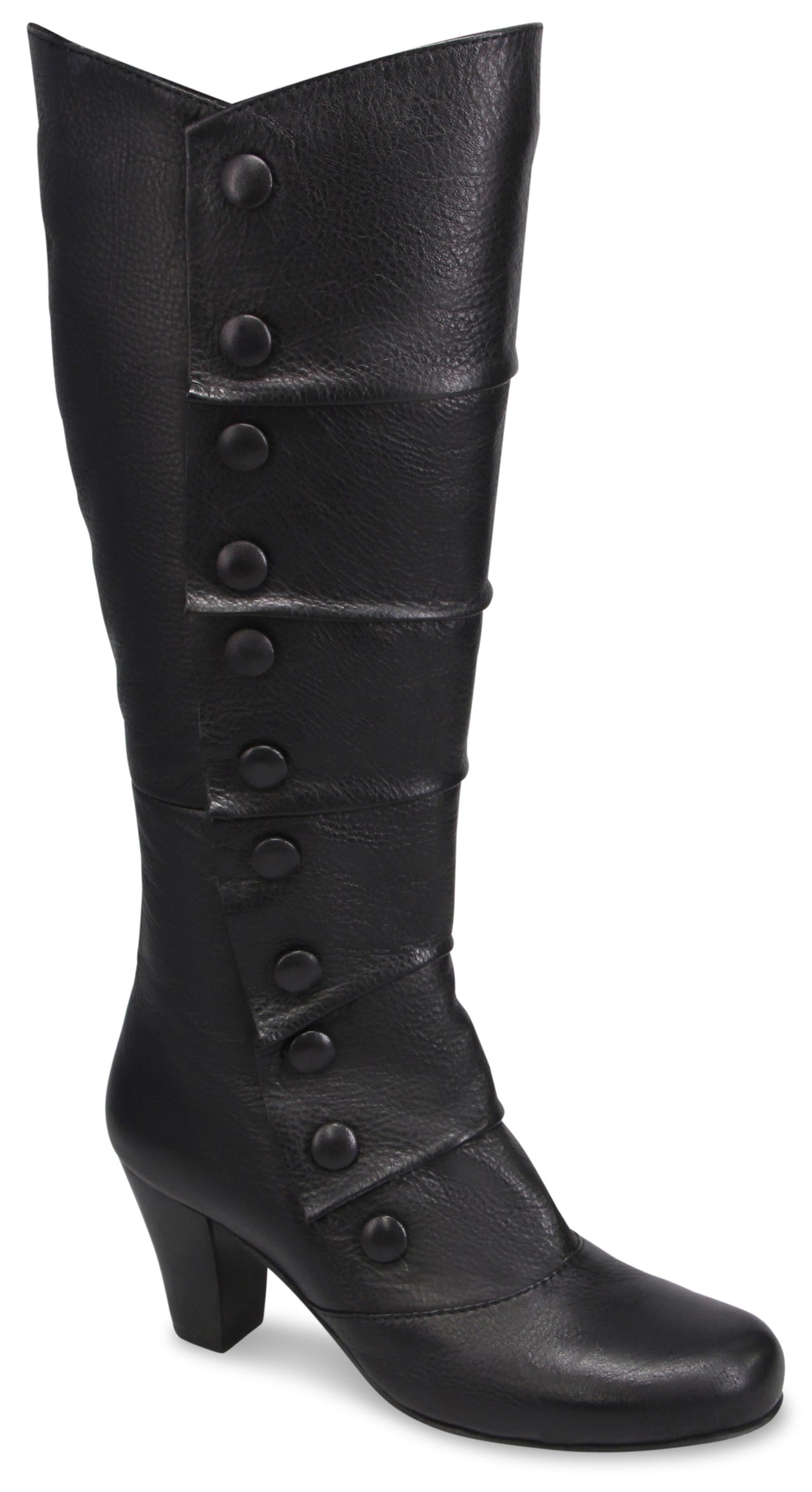 A black, knee-high, heeled, button-up boot with a rounded toe and a column of decorative buttons along the side.