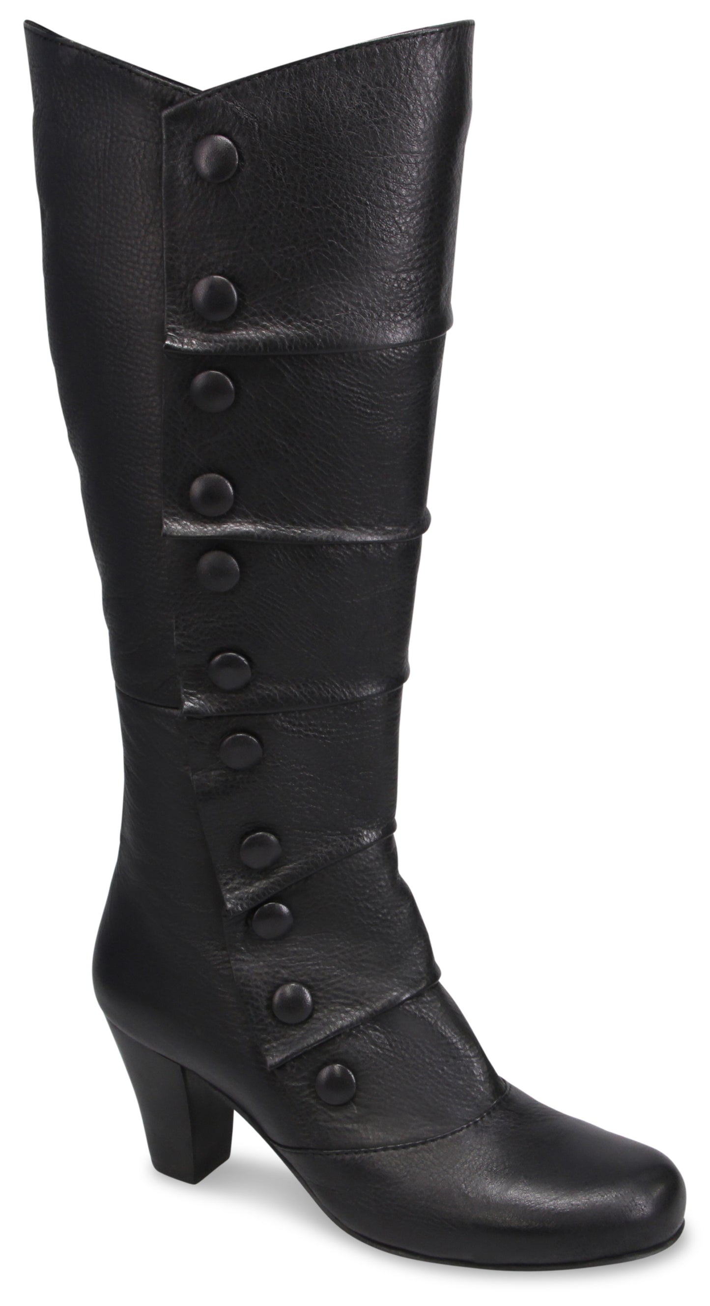 A black, knee-high, heeled, button-up boot with a rounded toe and a column of decorative buttons along the side.