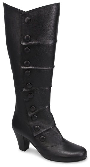 A black, knee-high, heeled, button-up boot with a rounded toe and a column of decorative buttons along the side.