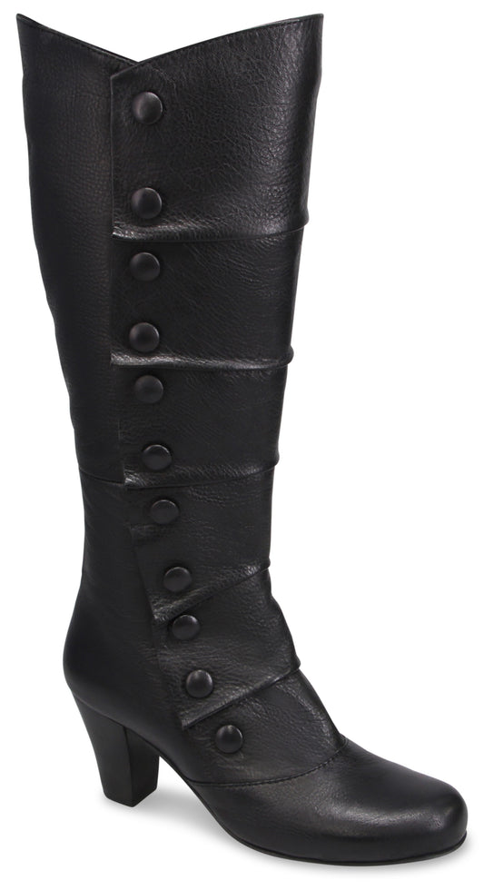 A black, knee-high, heeled, button-up boot with a rounded toe and a column of decorative buttons along the side.