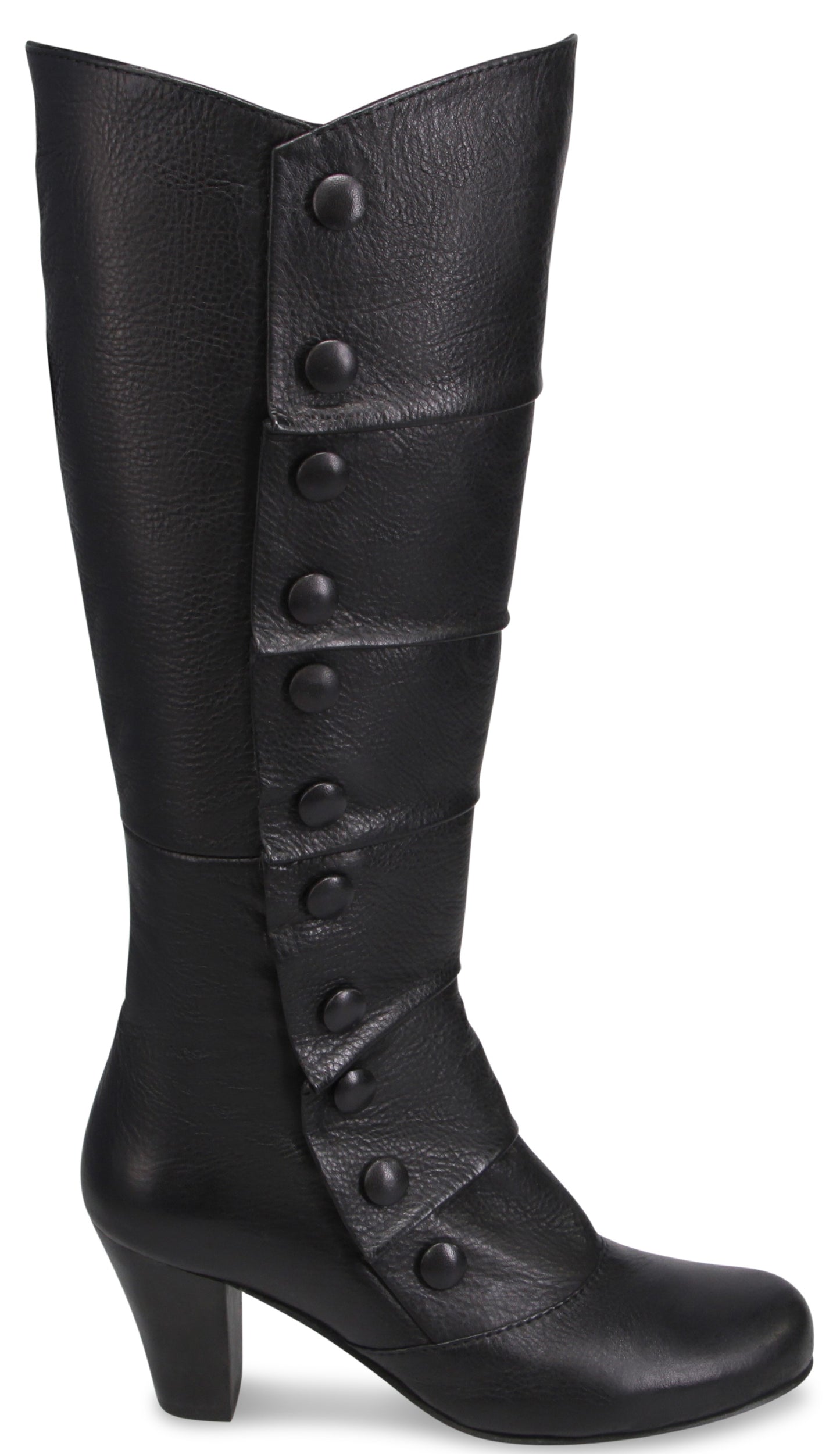 A black, knee-high boot featuring a low, block heel and a row of decorative buttons running vertically along the outer side, over a folded leather panel detail.