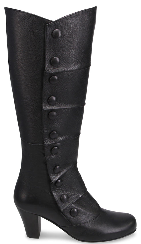 A black, knee-high boot featuring a low, block heel and a row of decorative buttons running vertically along the outer side, over a folded leather panel detail.