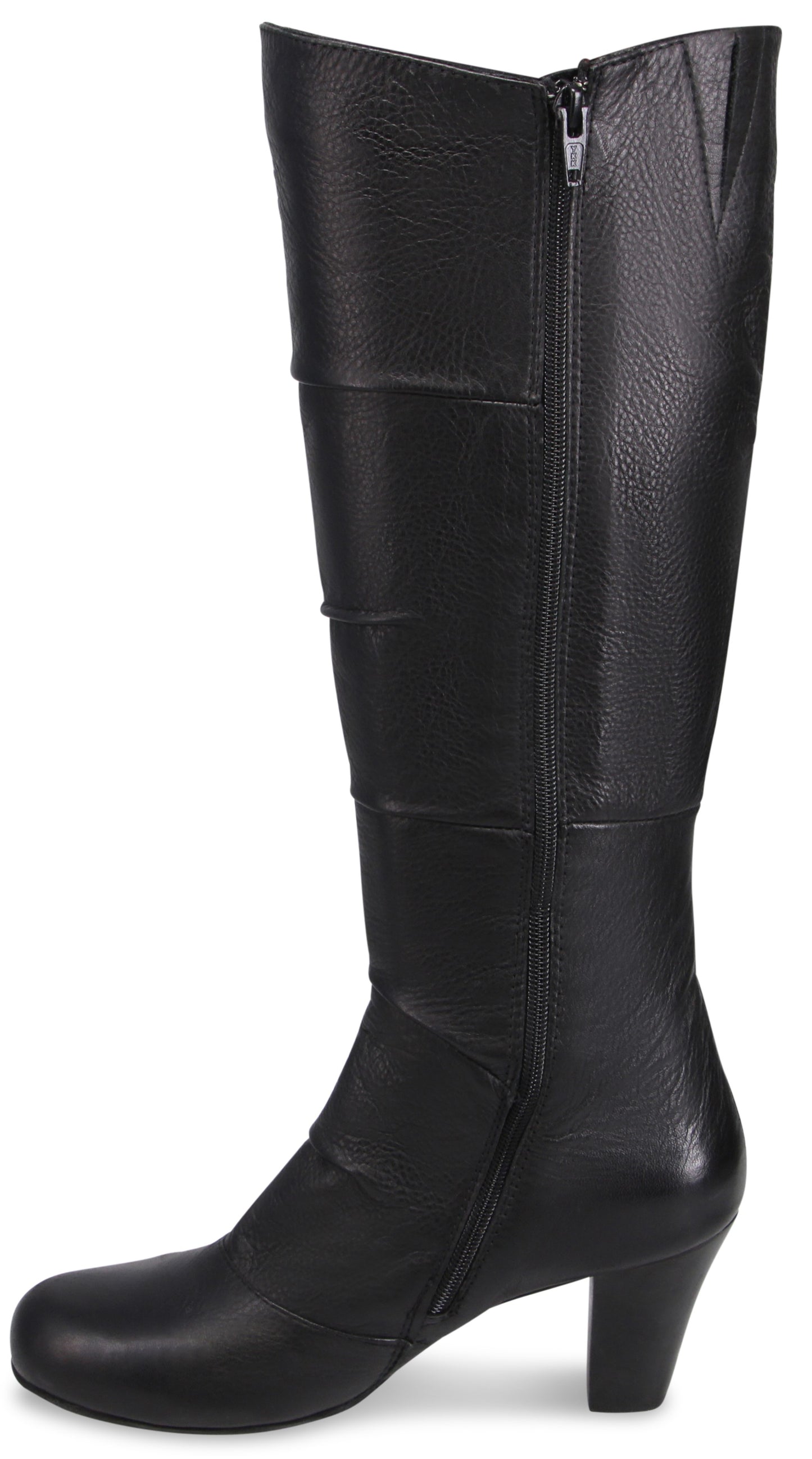 A black leather knee-high boot with a side zipper and a mid-height block heel.