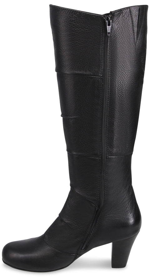 A black leather knee-high boot with a side zipper and a mid-height block heel.