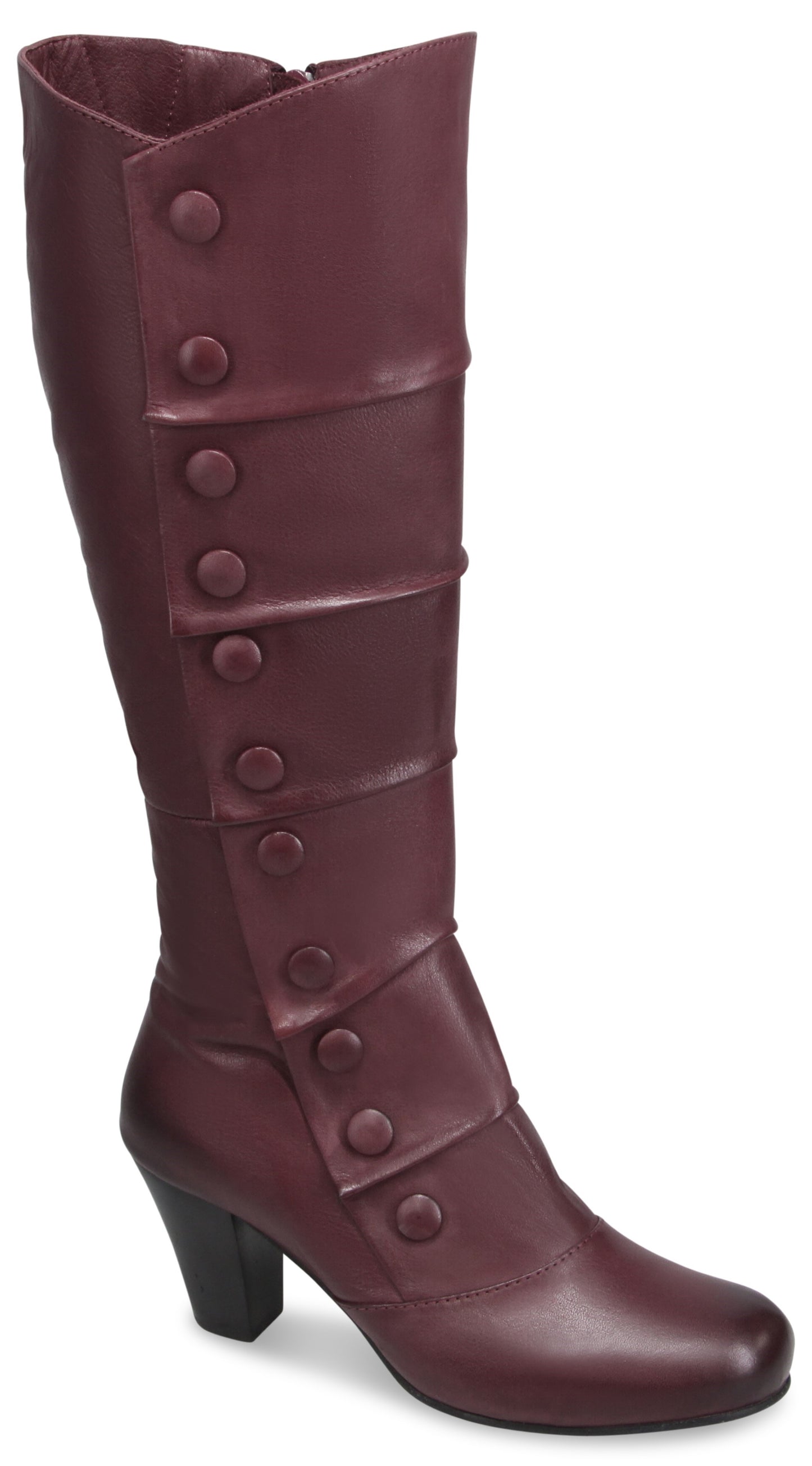 A maroon knee-high boot featuring a side-zip closure, a low block heel, and a vertical row of decorative fabric-covered buttons along the outer shaft.