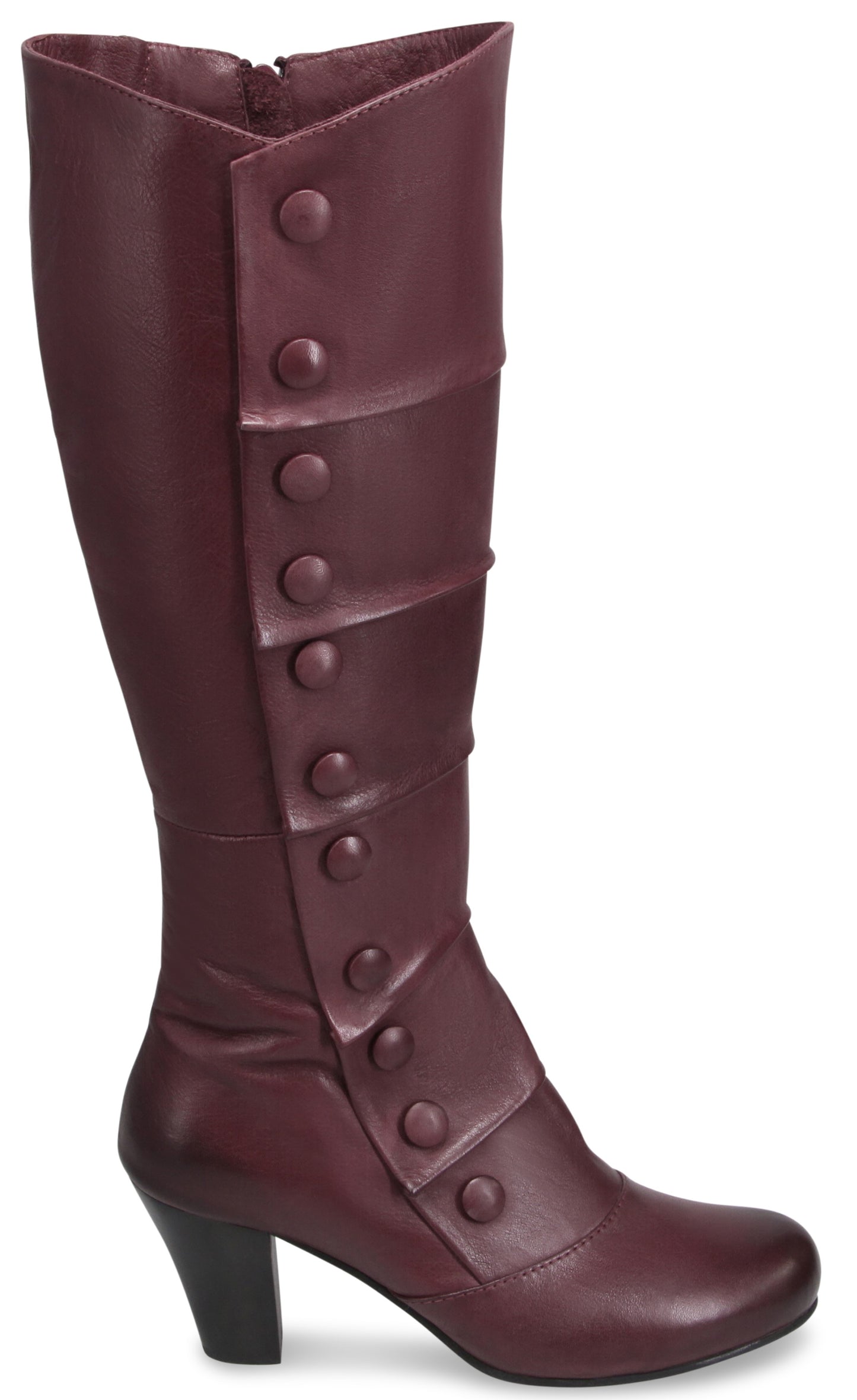 A maroon, knee-high faux-leather boot with a side zipper and a decorative vertical row of matching fabric-covered buttons, featuring a stacked heel and a slightly rounded toe.