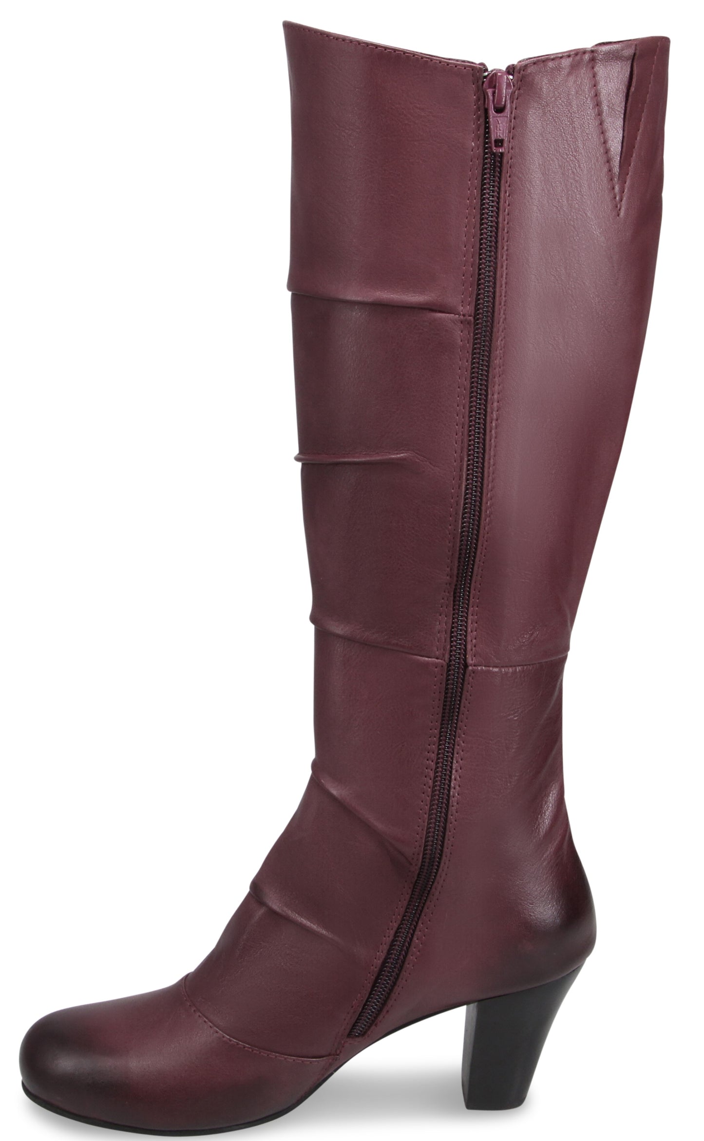 A maroon, knee-high, synthetic leather boot with a side zipper and a mid-height, tapered block heel.