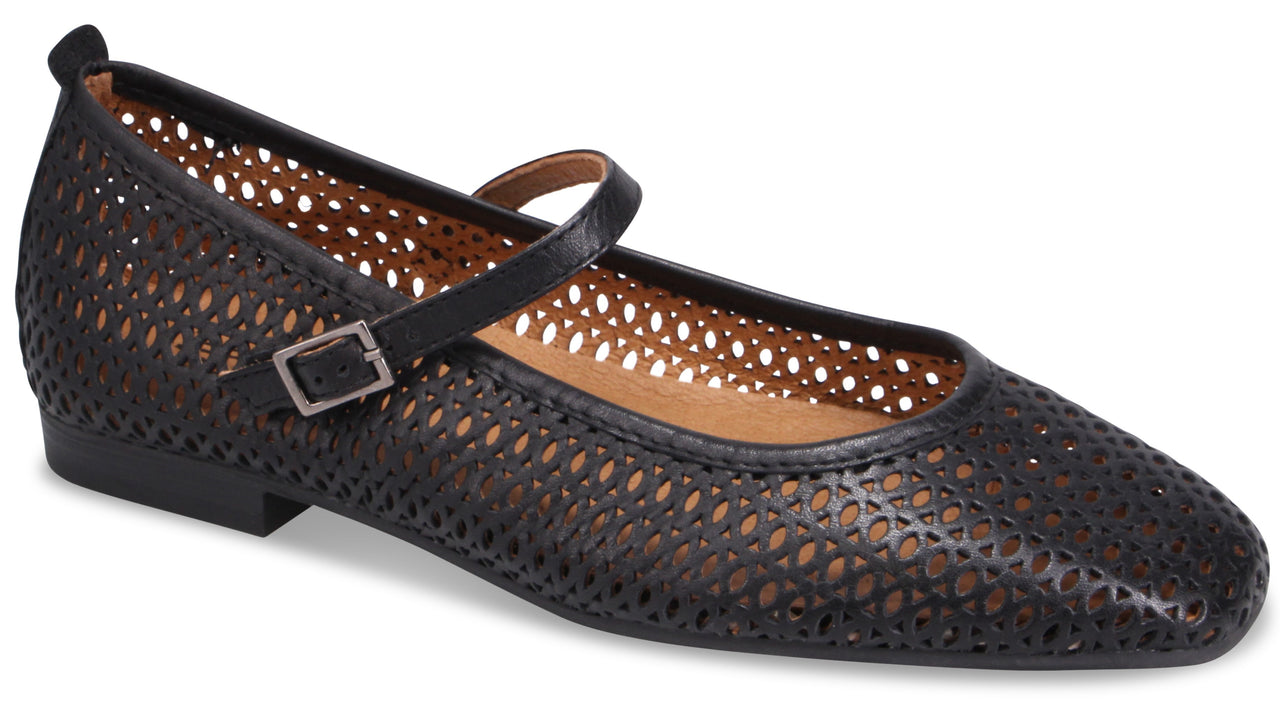 Black Mary Jane flat shoe with a square toe and laser-cut detail.