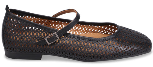 Black Mary Jane ballet flat with cutouts and buckle strap.