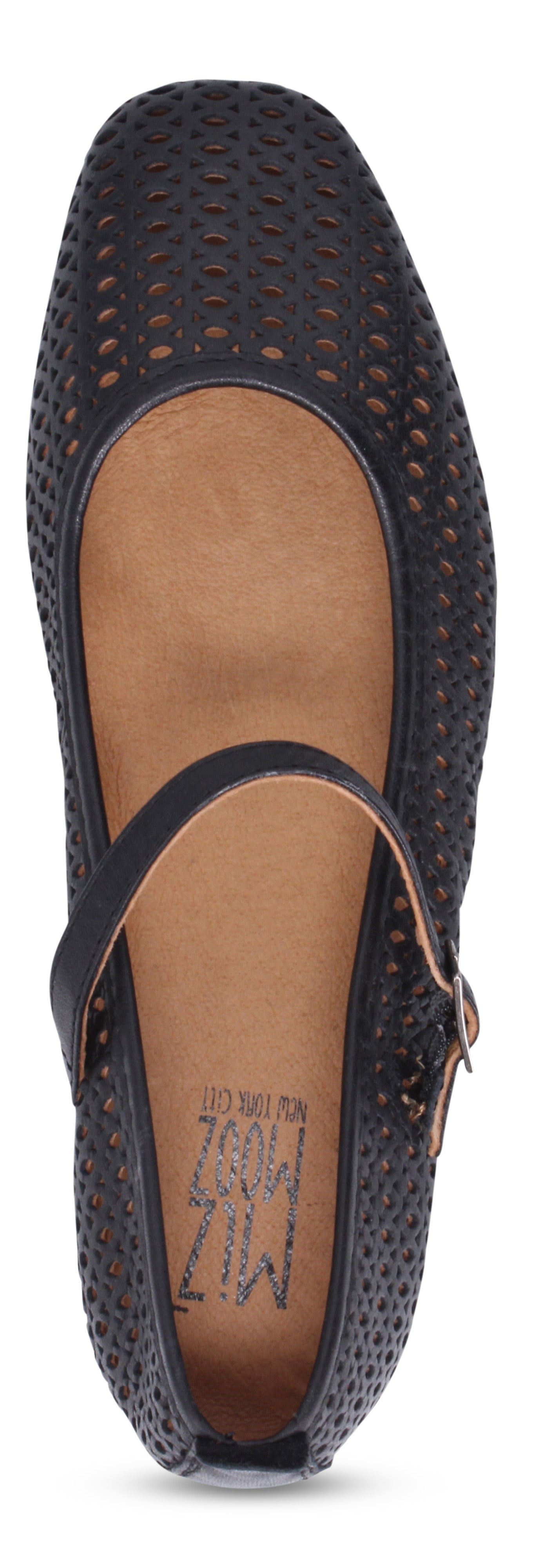 A black shoe with a buckle, shown from above.