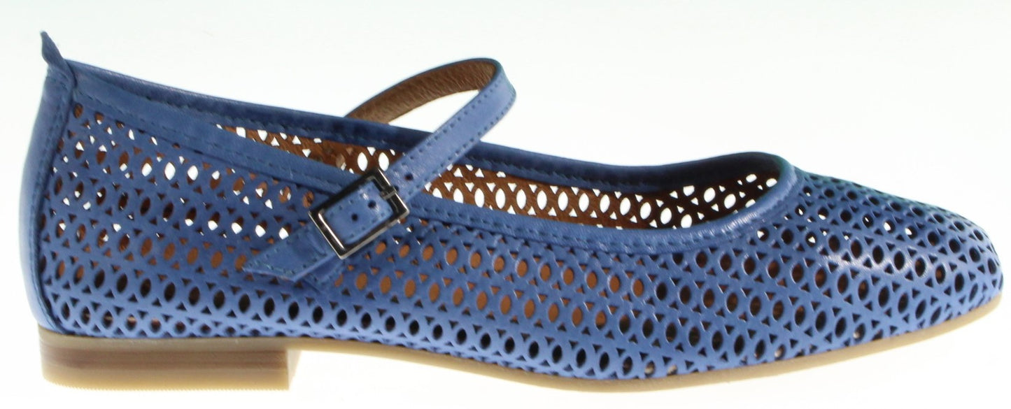 Blue perforated leather Mary Jane shoe with a buckled strap.