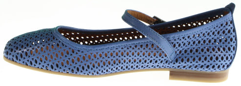 A blue ballet flat with a strap.