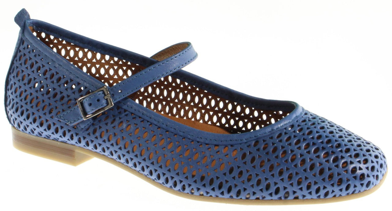Blue leather Mary Jane shoe with laser cut circular patterns and a buckled strap.