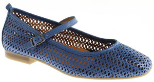Blue leather Mary Jane shoe with laser cut circular patterns and a buckled strap.