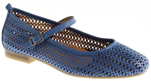 Blue leather Mary Jane shoe with laser cut circular patterns and a buckled strap.