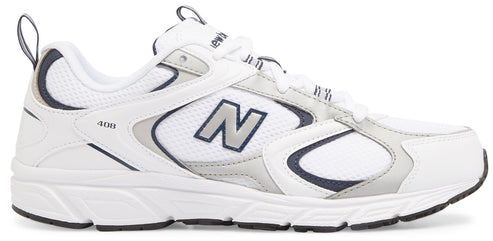A New Balance 408 athletic shoe in a white, light grey, and dark navy colorway with a mesh upper, synthetic overlays, and a thick white midsole with a dark outsole.