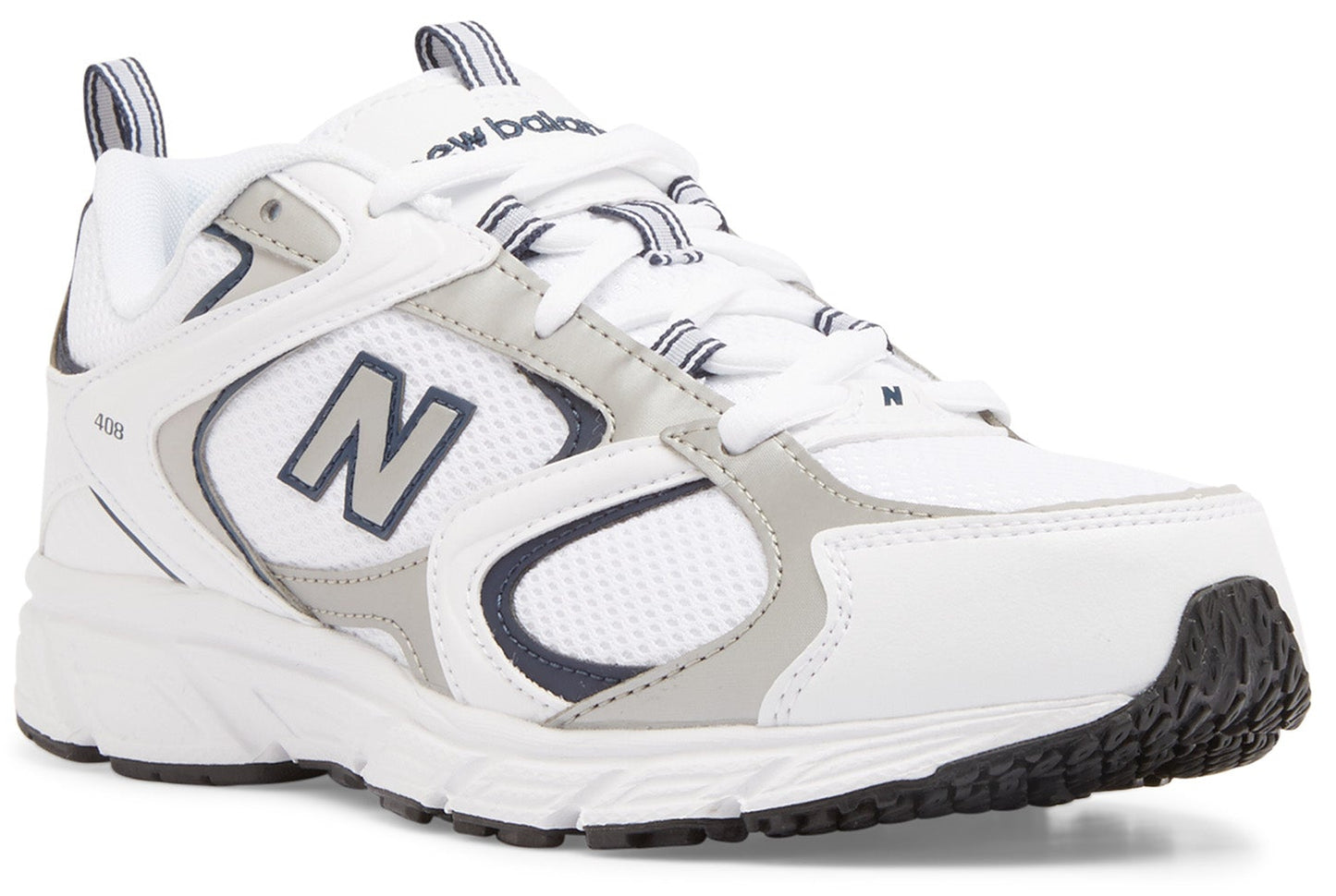 A New Balance 608 athletic sneaker in white with grey and navy blue accents, featuring a prominent N logo on the side, mesh detailing, and a chunky white midsole with a black rubber outsole.